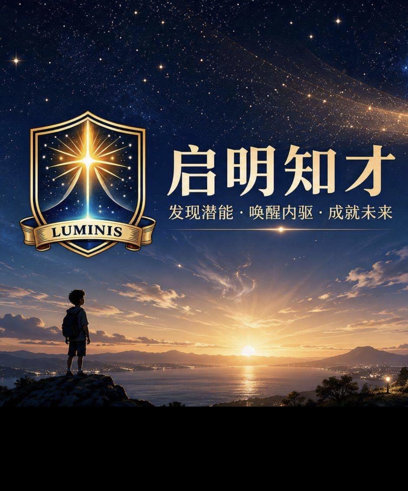 Luminis — 启明知才. A child stands on a mountaintop overlooking the dawn, with the slogan 发现潜能 · 唤醒内驱 · 成就未来.